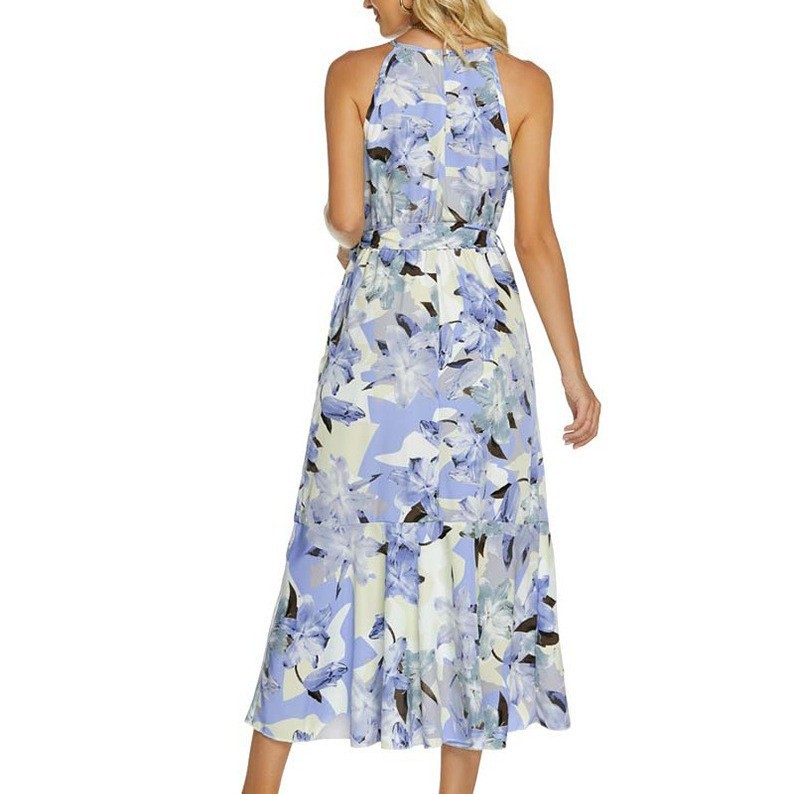 Fashionable Printed Halterneck Sleeveless Lace-Up Dress