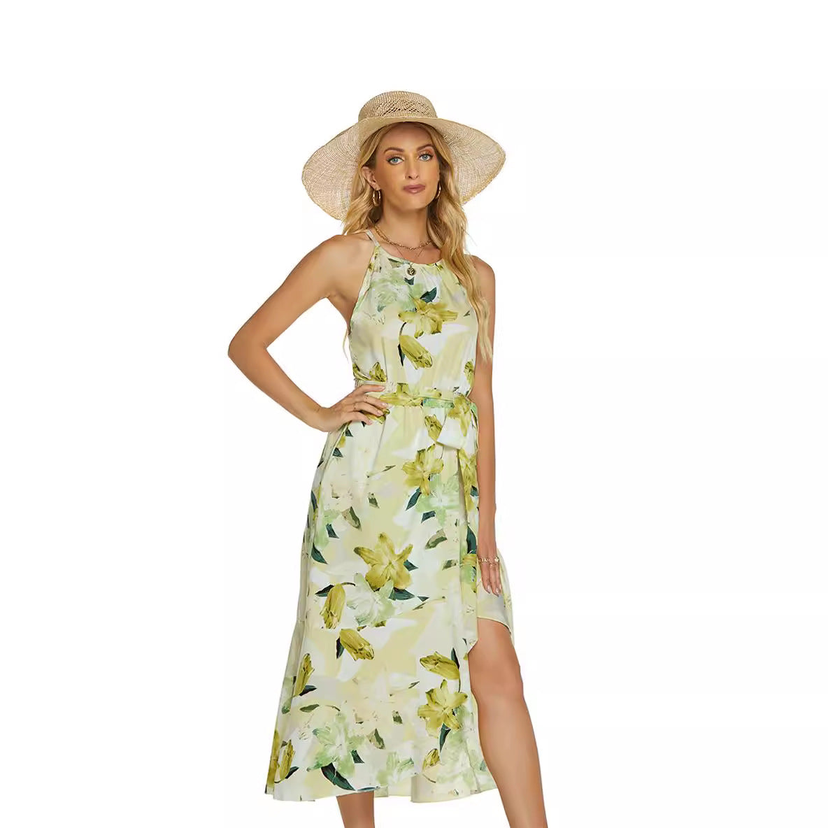 Fashionable Printed Halterneck Sleeveless Lace-Up Dress