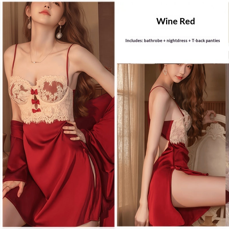 Womens Plus-Size Lace Ice Silk Underwire Camisole Bathrobe Set