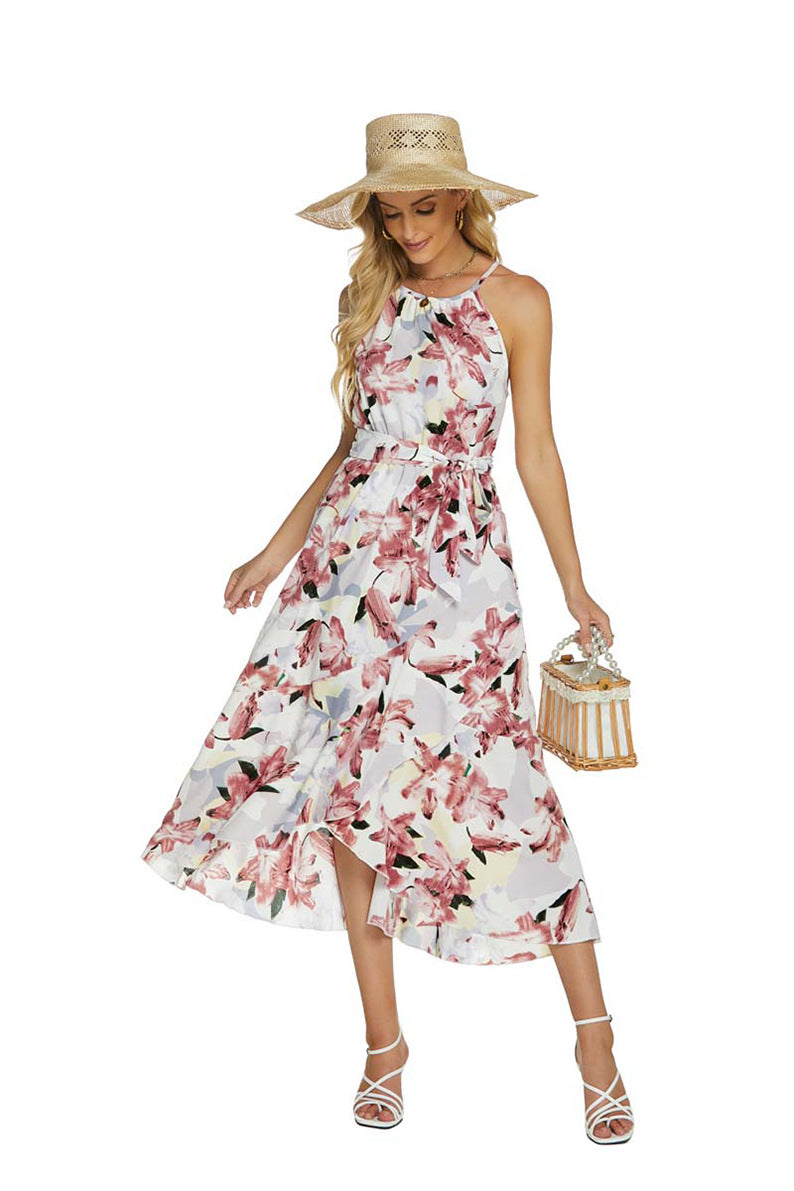 Fashionable Printed Halterneck Sleeveless Lace-Up Dress